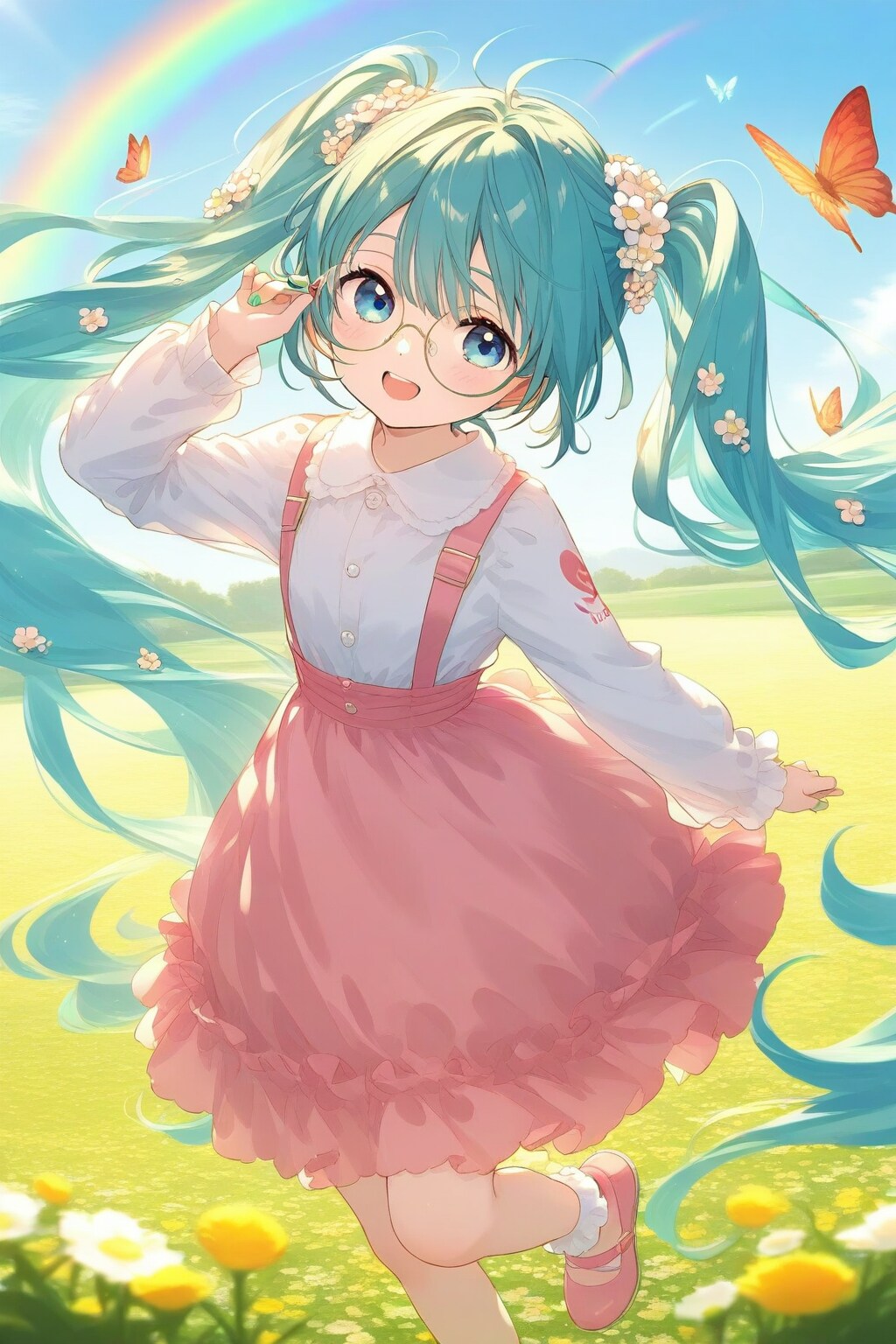 蝶々と戯れるメガネミクちゃん