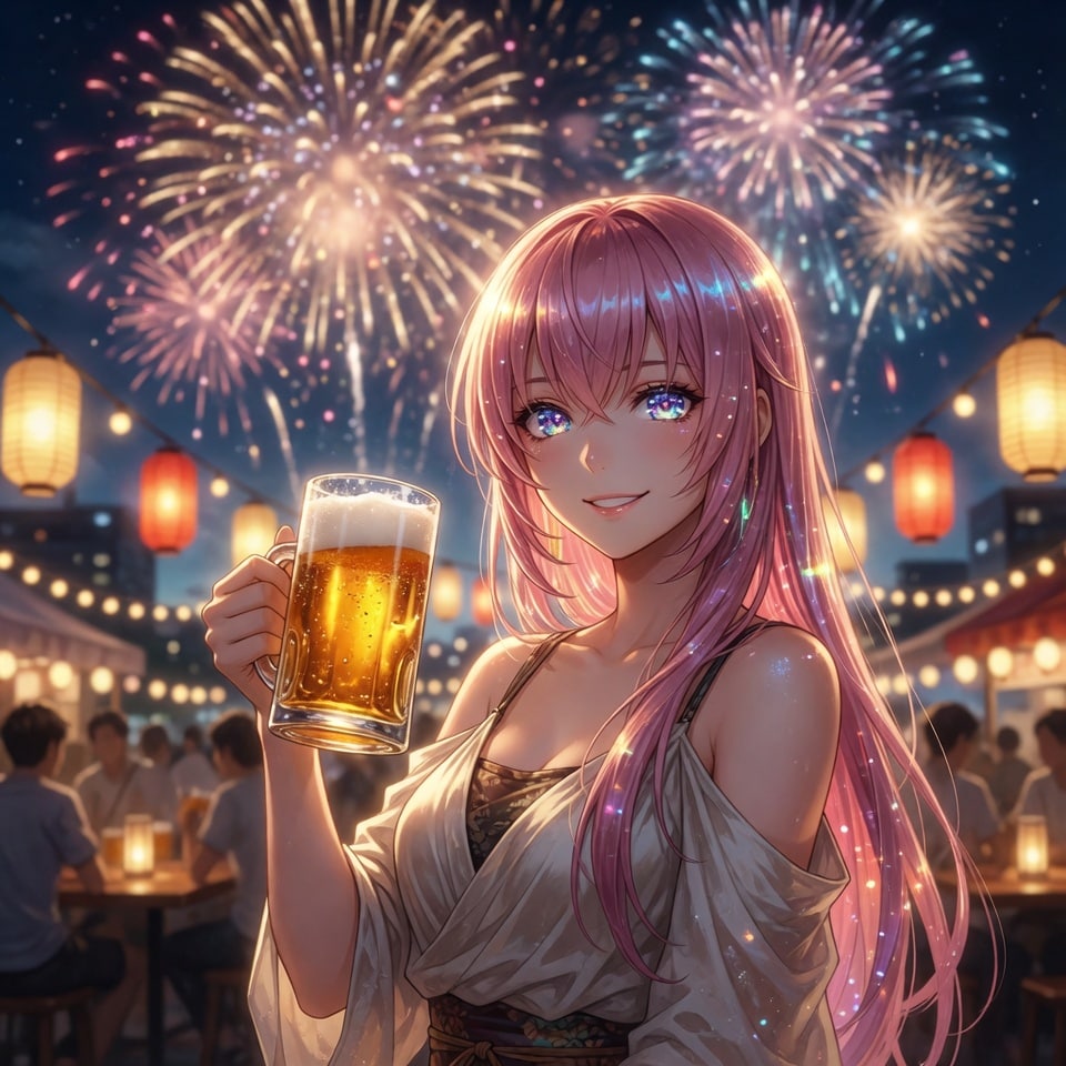 花火をつまみに乾杯！　(Grok)