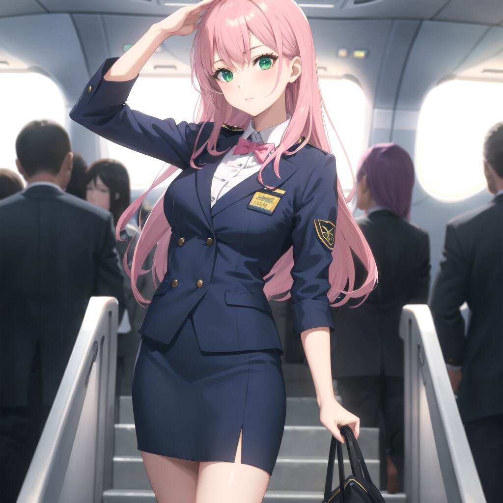 飛行機のタラップ前でポーズ