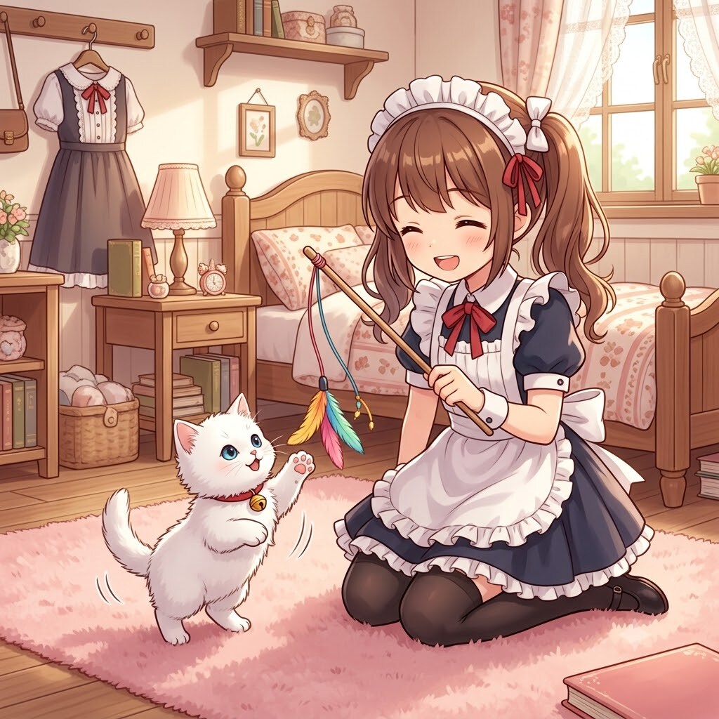 猫じゃらしで遊ぶメイドちゃん