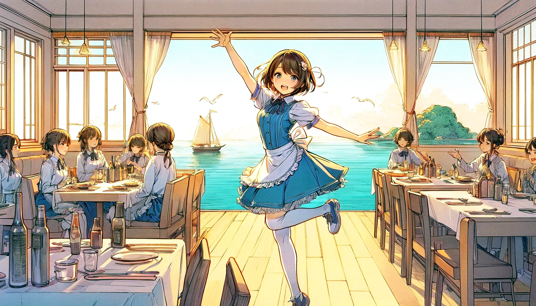 海の見えるレストランへようこそ！ (ウェイトレスの少女20) | の人気AIイラスト・グラビア