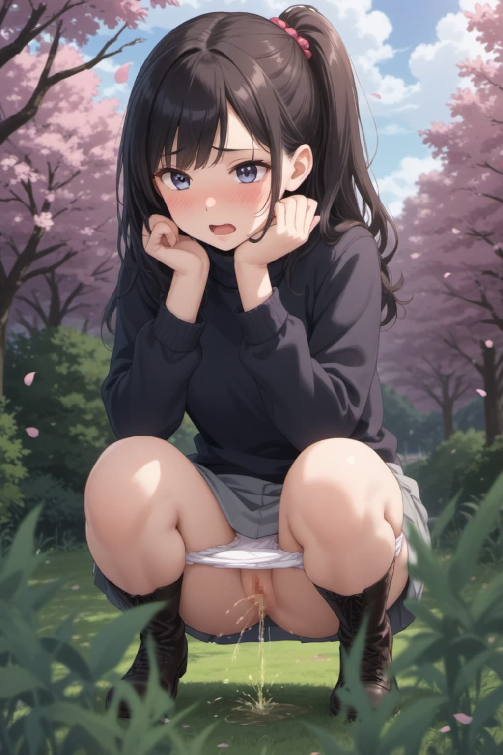 花見中に我慢できず草むら放尿