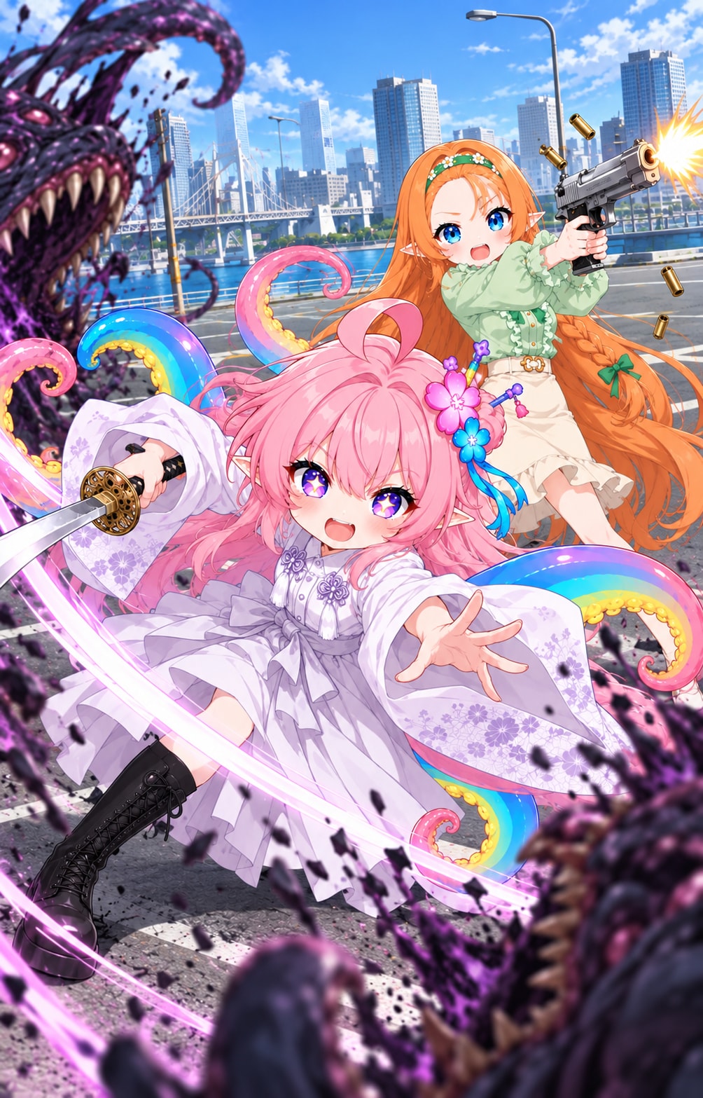 妖魔ハンター『桃タコ＆でこオレンジ』…相性が良くて関係を断てない | の人気AIイラスト・グラビア