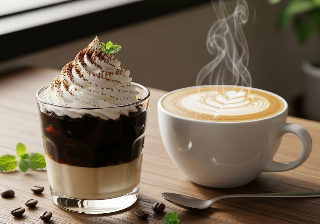 デザートのクリーム乗せコーヒーゼリーとカフェオレのセット