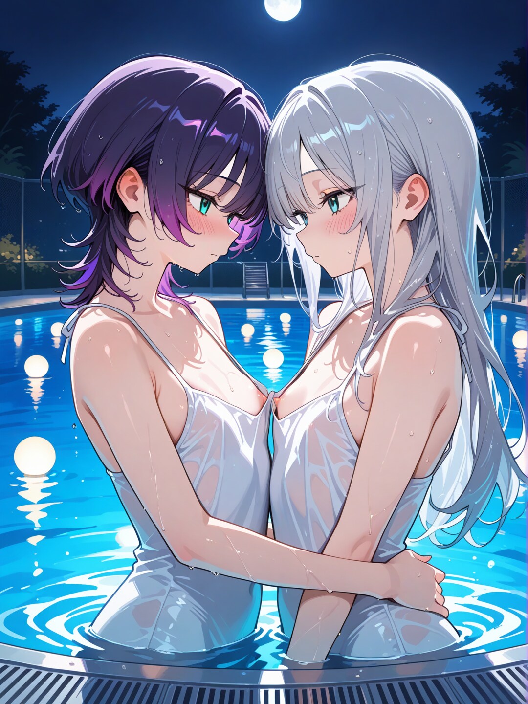 夜のプールで近づく二人