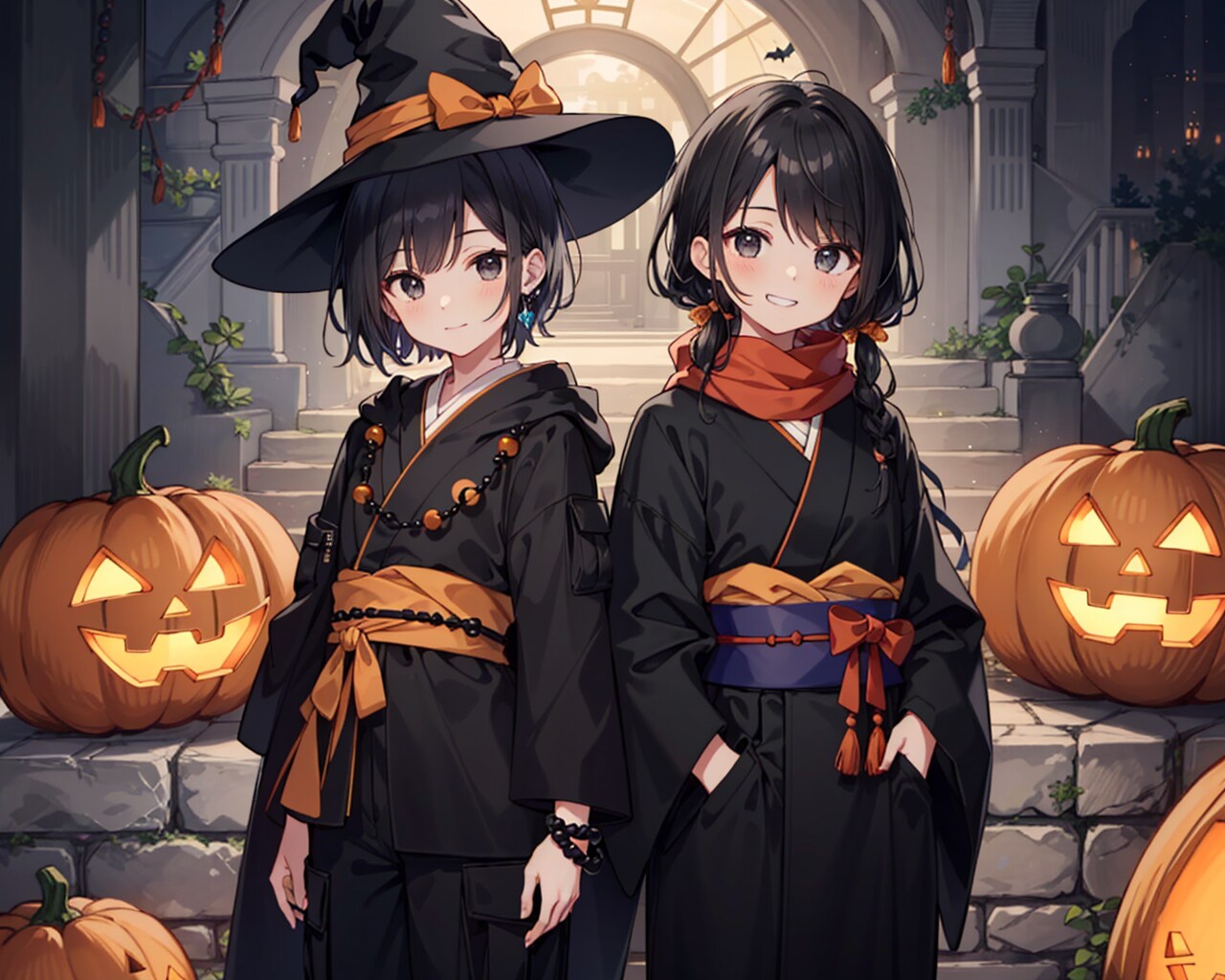 ハロウィンで衣装交換する僧侶と魔女