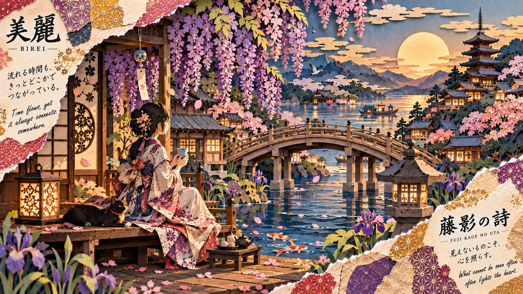 Fuji Kage no Uta  Set on a peaceful veranda beneath cascading purple wisteria under a golden sunset | の人気AIイラスト・グラビア