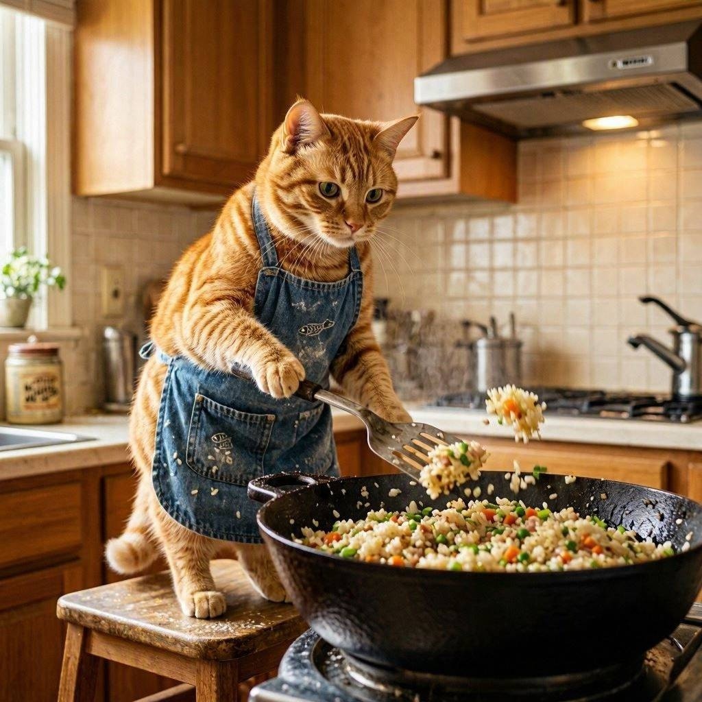 チャーハンを作る猫