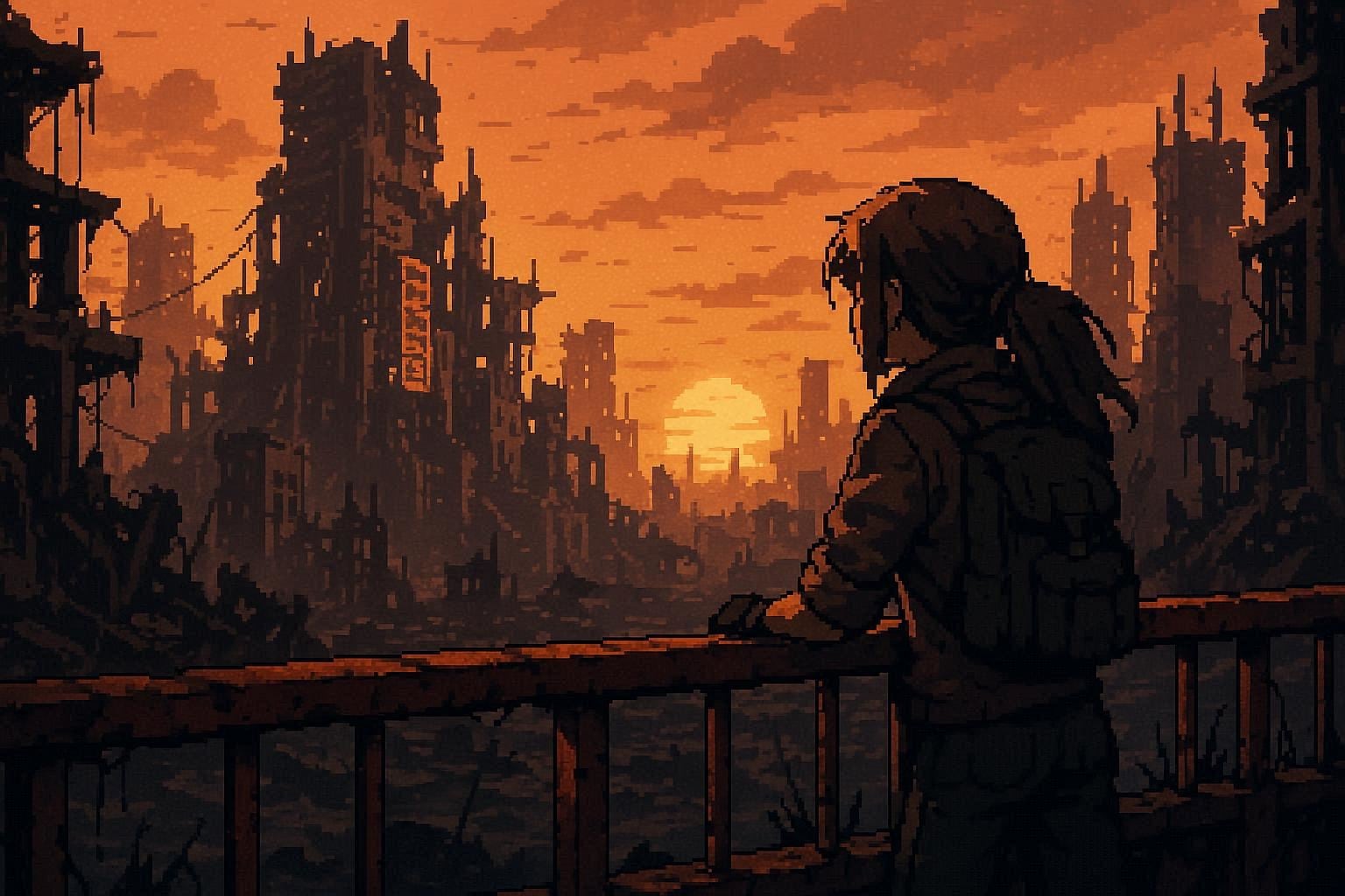 サイバーパンク？廃墟と夕焼けの橋 | の人気AIイラスト・グラビア