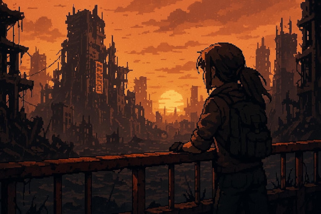 サイバーパンク？廃墟と夕焼けの橋