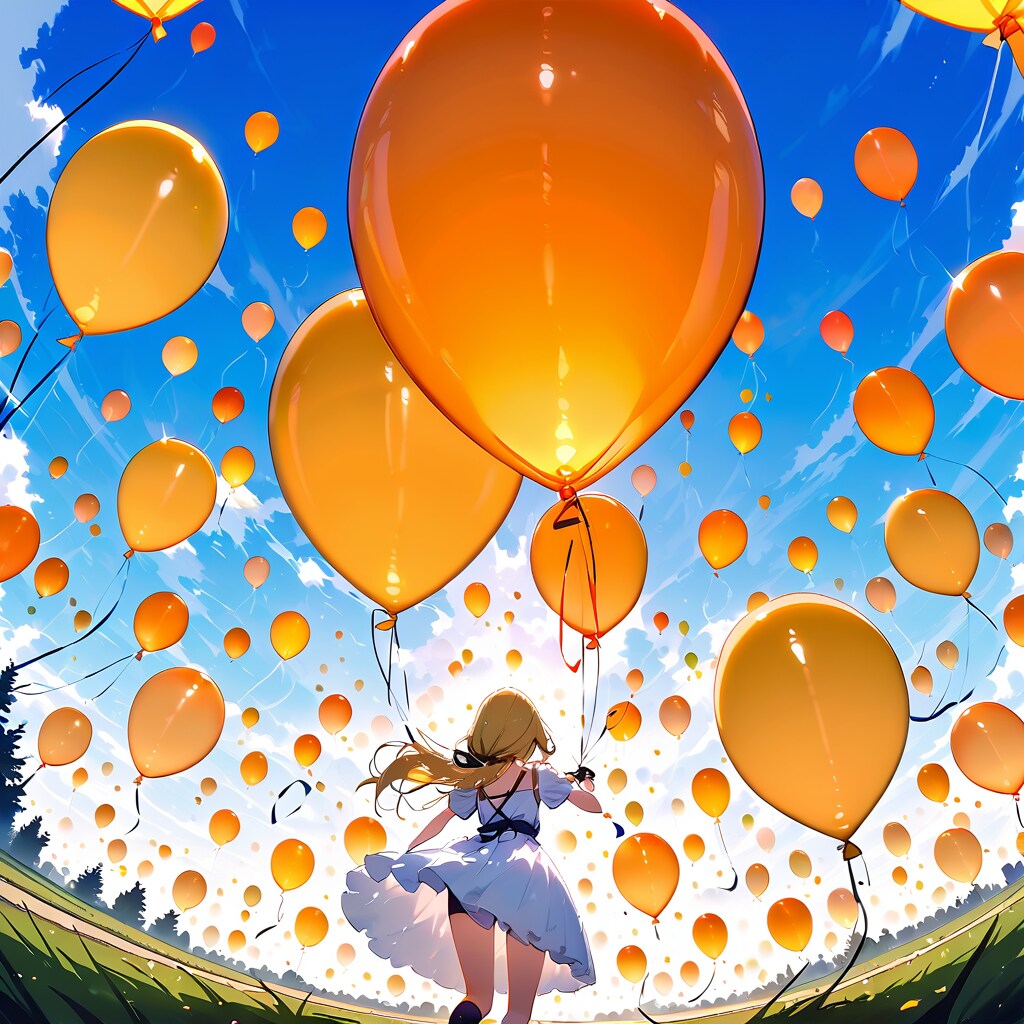 いっぱいオレンジ色の風船を膨らませて遊ぶ美女