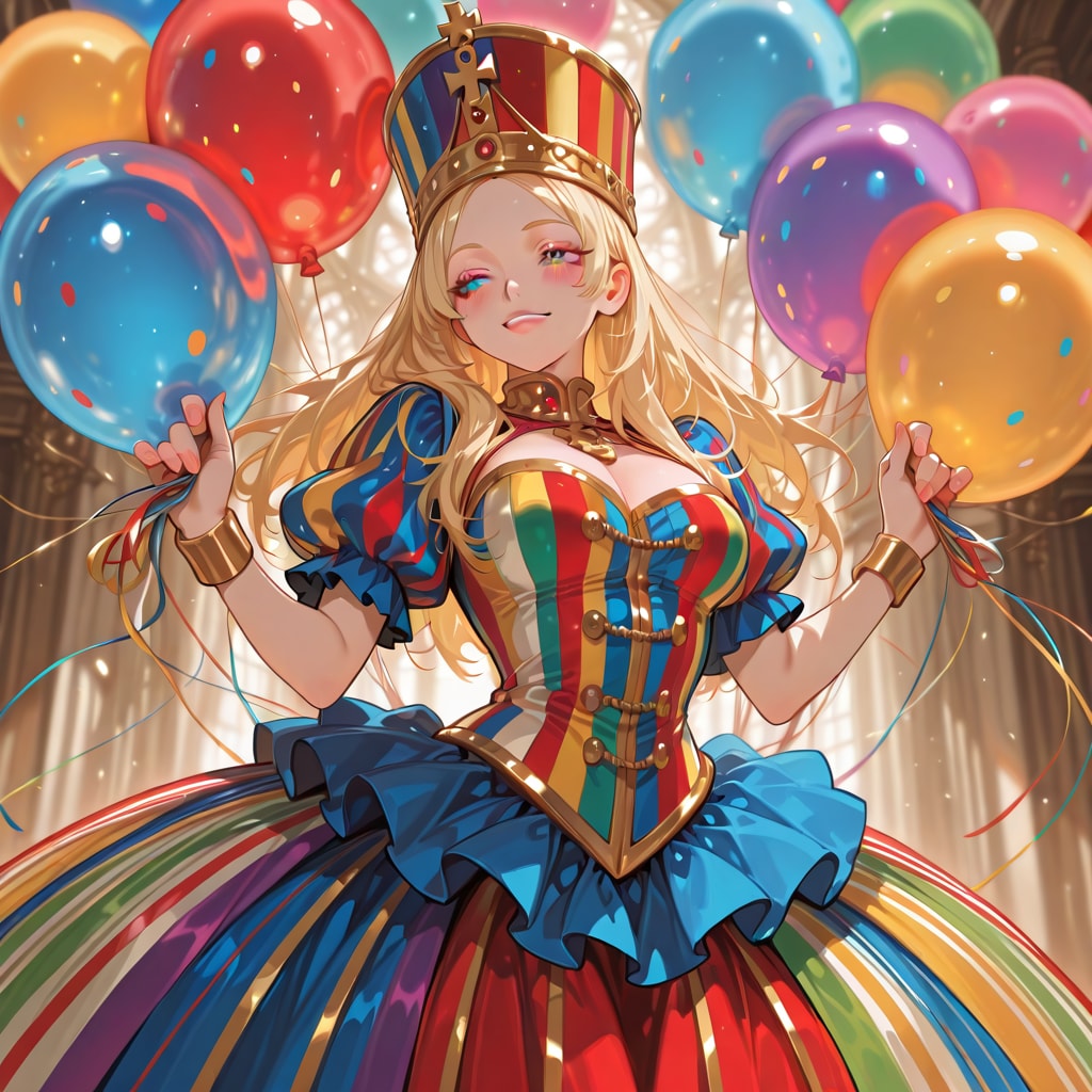 いっぱい色とりどりの風船を持つブロンドロングのサーカス団の衣装着た美女 | の人気AIイラスト・グラビア