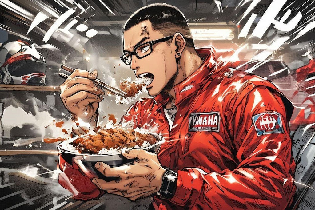 すごい勢いでソースカツ丼食べるみきもとさん