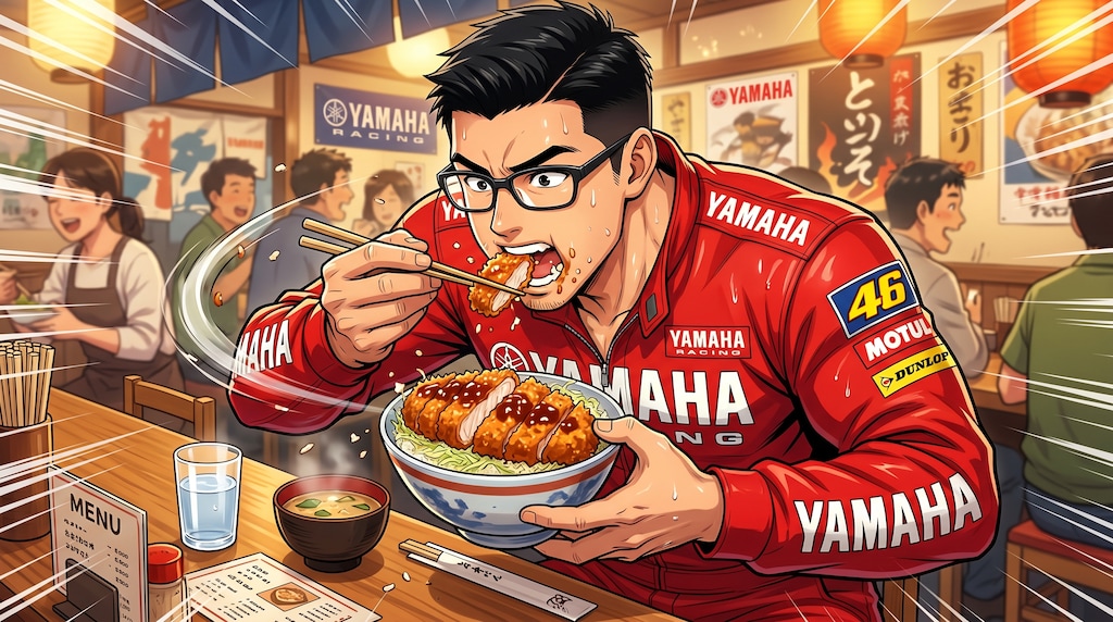 すごい勢いでソースカツ丼食べるみきもとさん