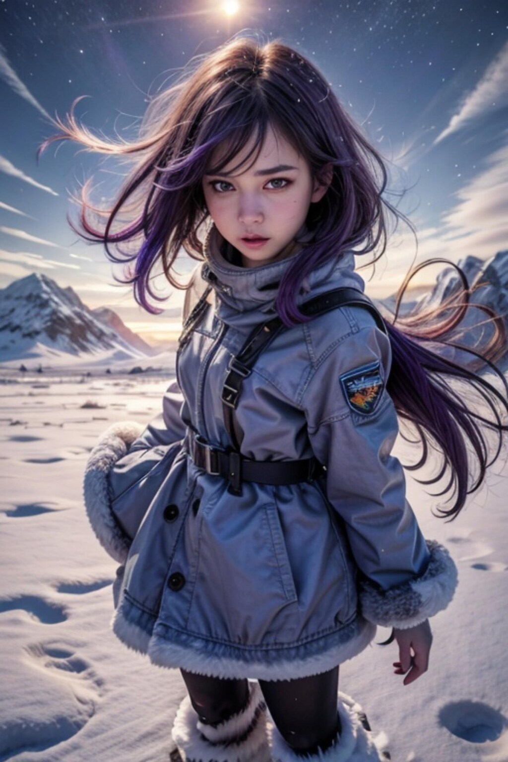 雪原と紫髪の人