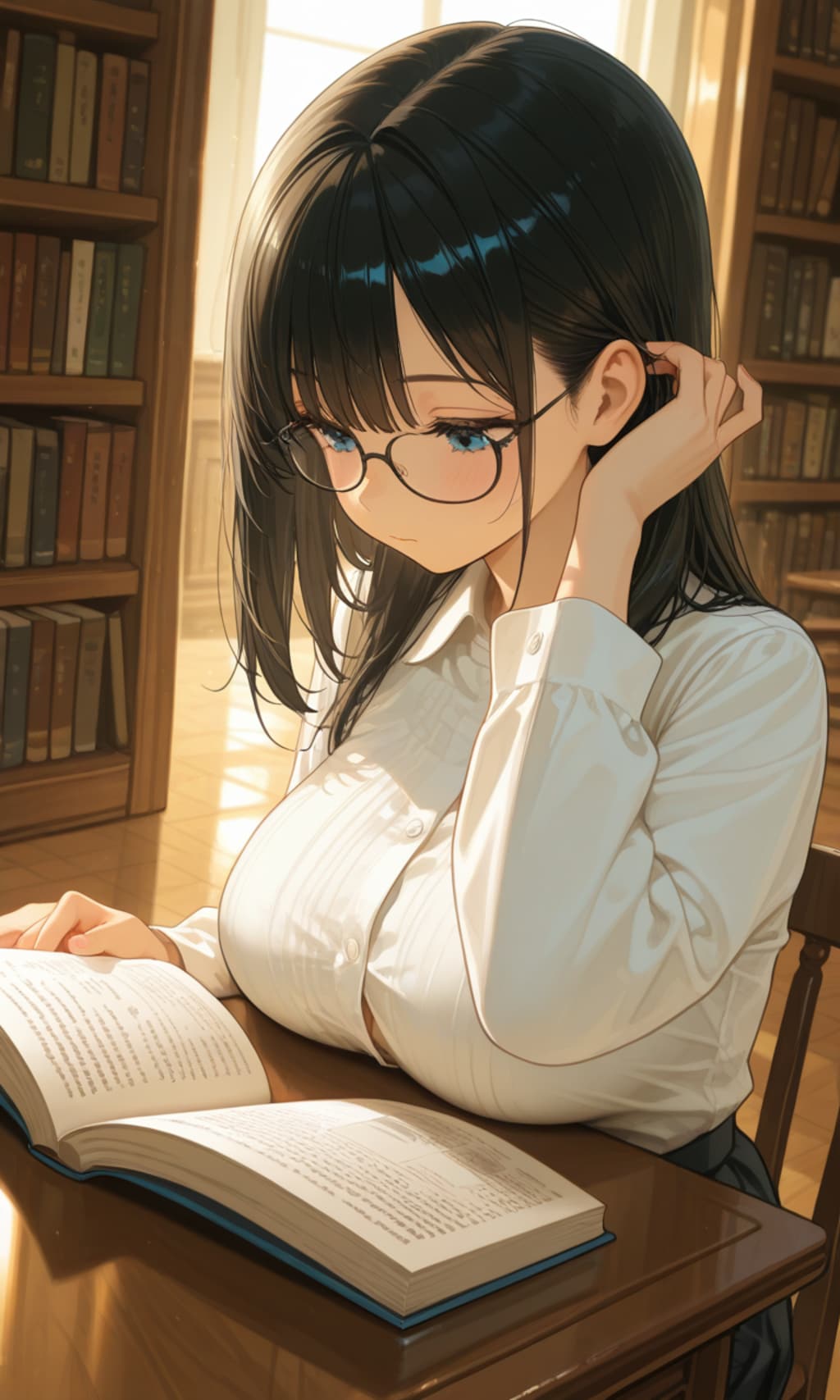 図書館で巨乳眼鏡っ娘が読書中📗📚