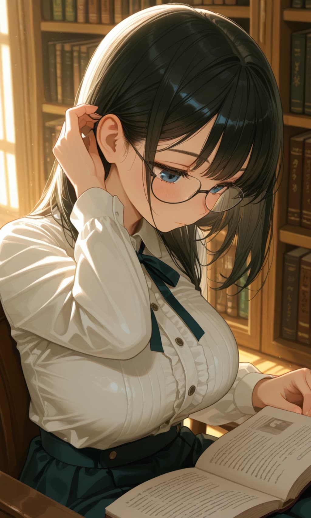図書館で巨乳眼鏡っ娘が読書中📗📚