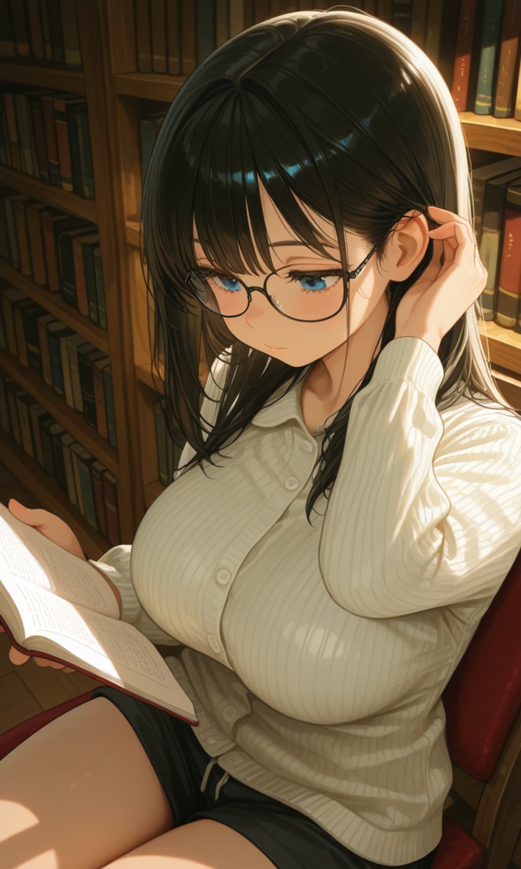 図書館で巨乳眼鏡っ娘が読書中📗📚