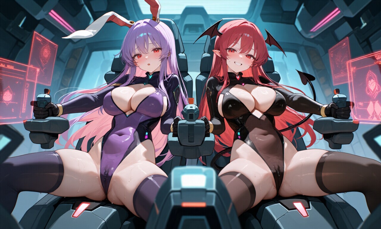 股を開いて2人乗り謎ロボットの操縦をするうどんげと小悪魔