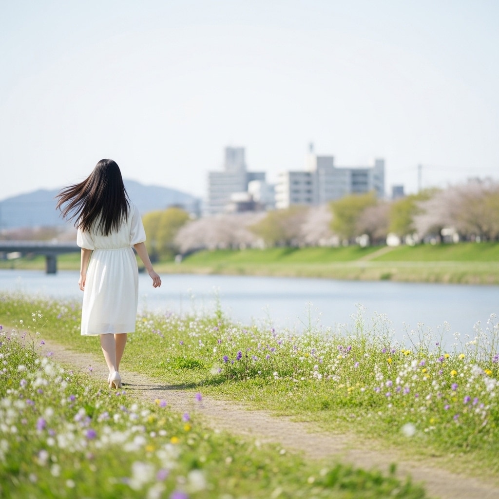 春の土手　お散歩
