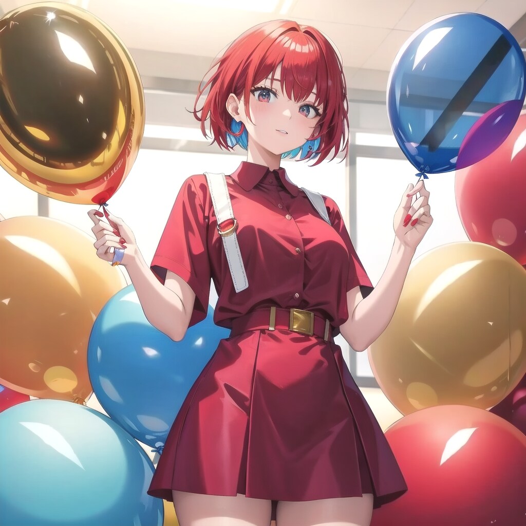 色とりどりの巨大風船を持つ赤い髪ショートカットのデパートの美女店員さん | の人気AIイラスト・グラビア