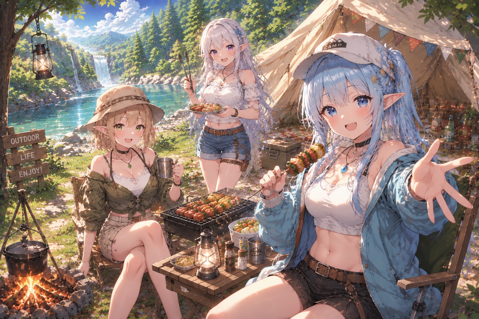 湖畔の楽しいキャンプシーン