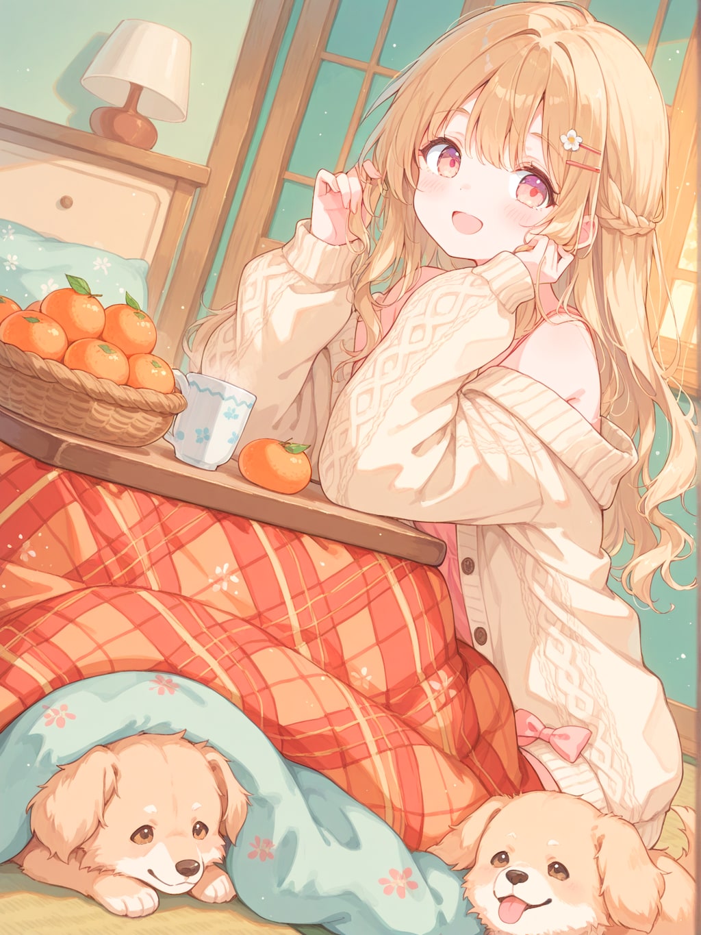 ぬくぬくこたつで子犬とあったか