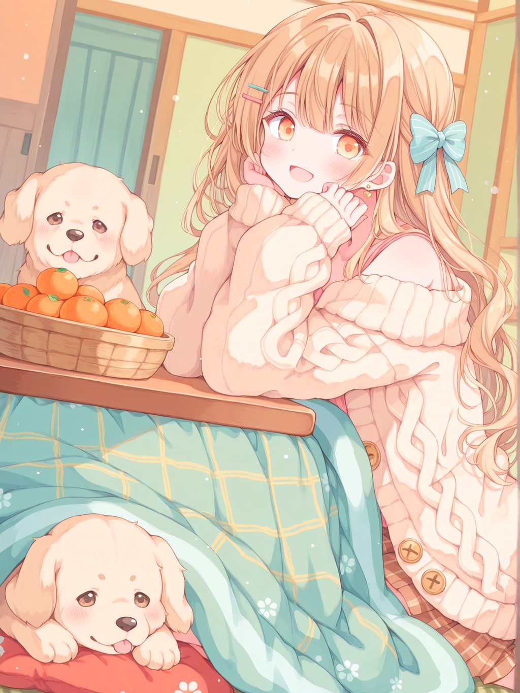 ぬくぬくこたつで子犬とあったか