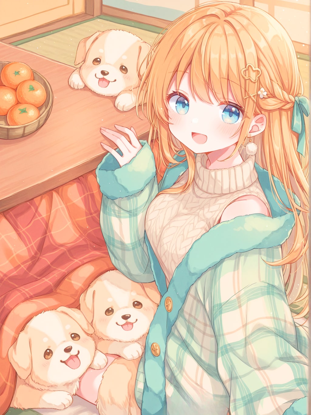 ぬくぬくこたつで子犬とあったか