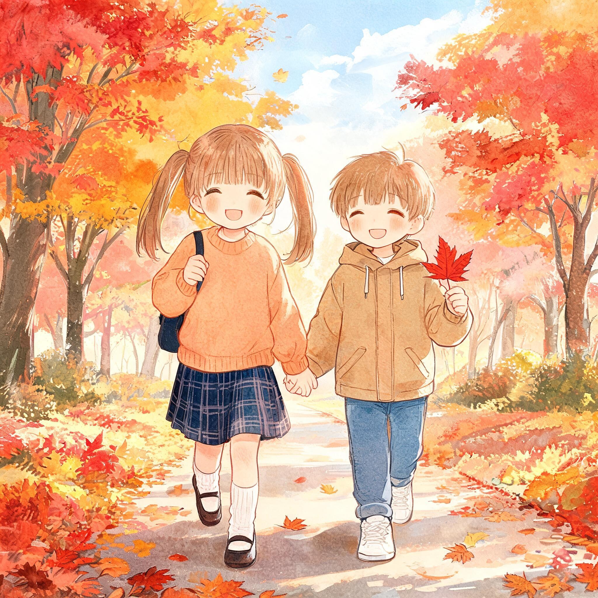 仲良しの可愛い11歳の姉と 可愛い８歳の弟と仲良く手をつなぎながら秋の紅葉がきれいな公園で仲良く散歩する | の人気AIイラスト・グラビア