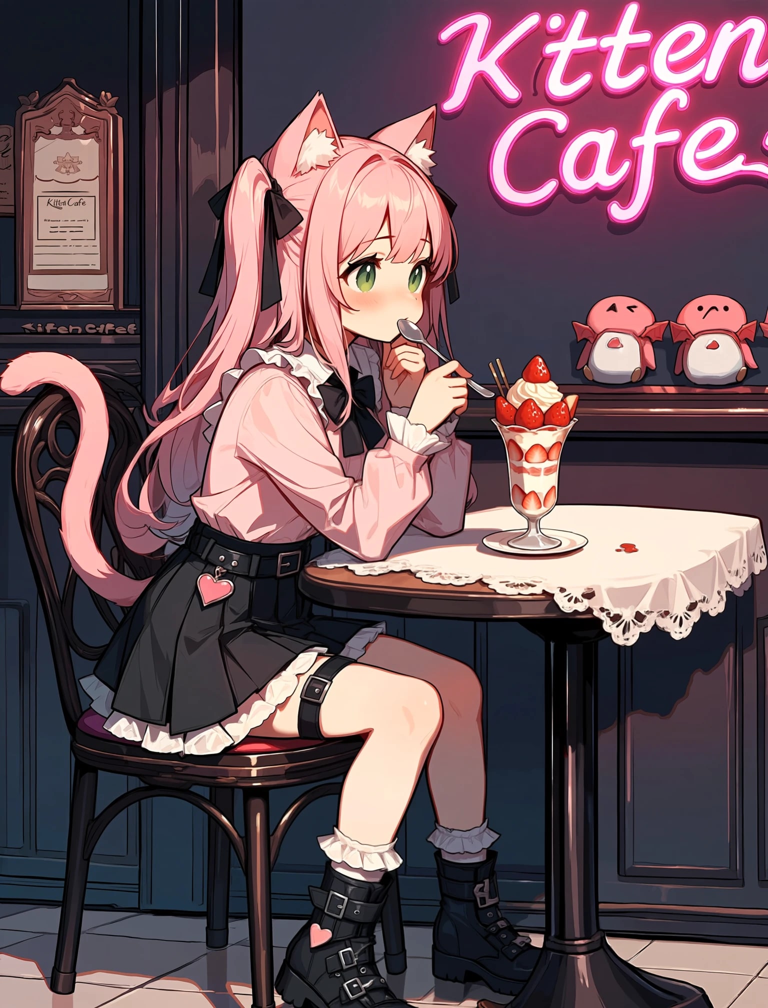 カフェで暇してる地雷系の猫耳の女の子