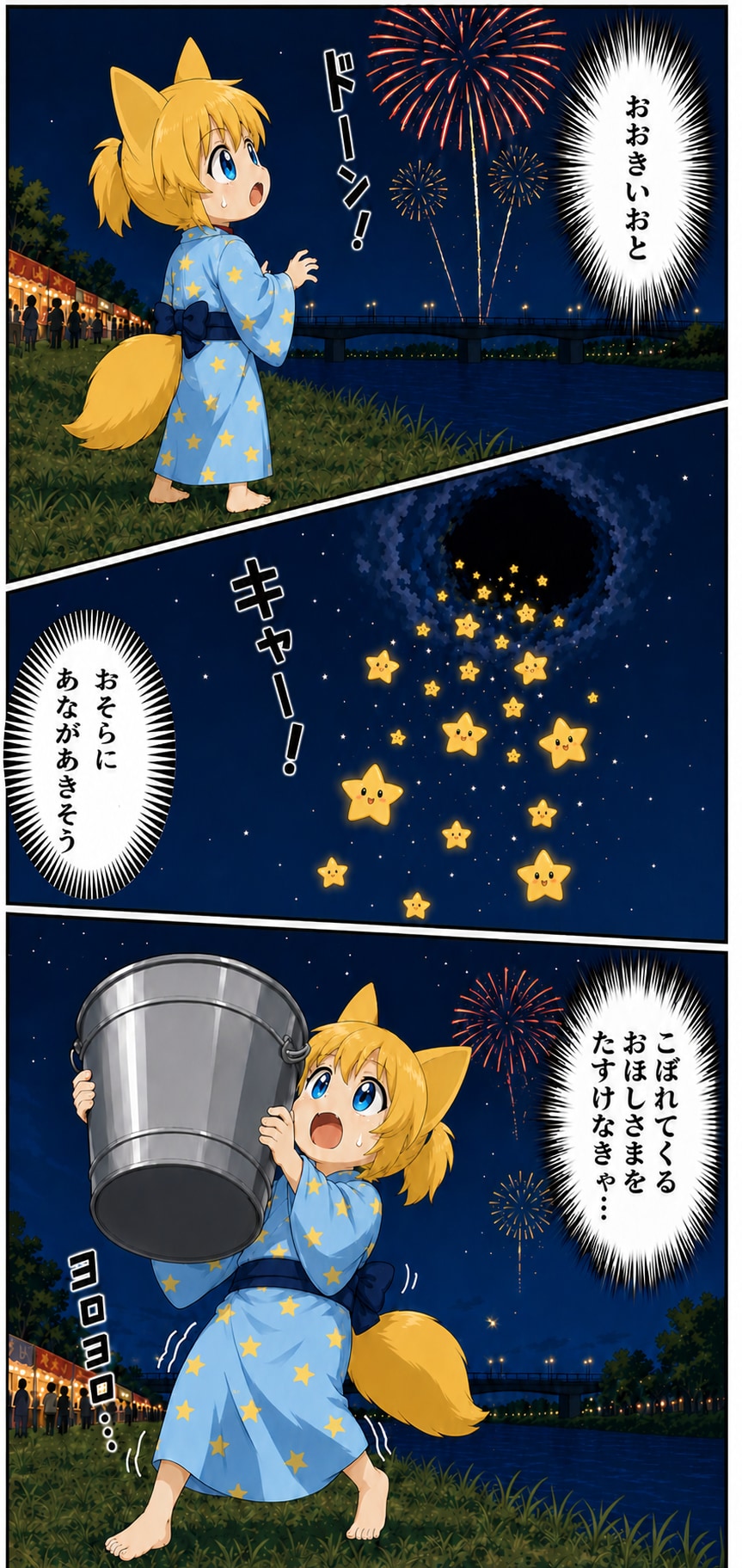 花火の爆発力を心配するキツネ