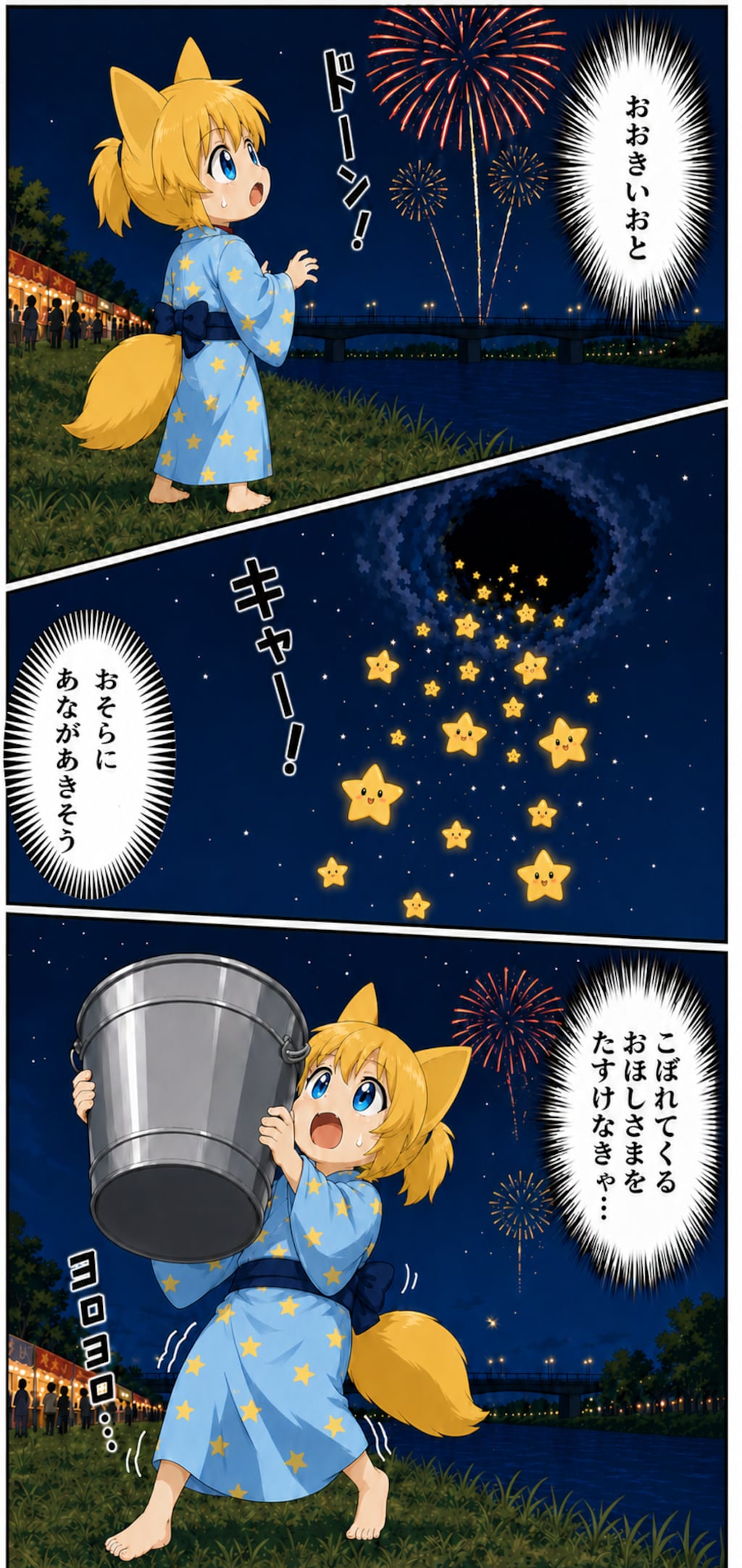 花火の爆発力を心配するキツネ