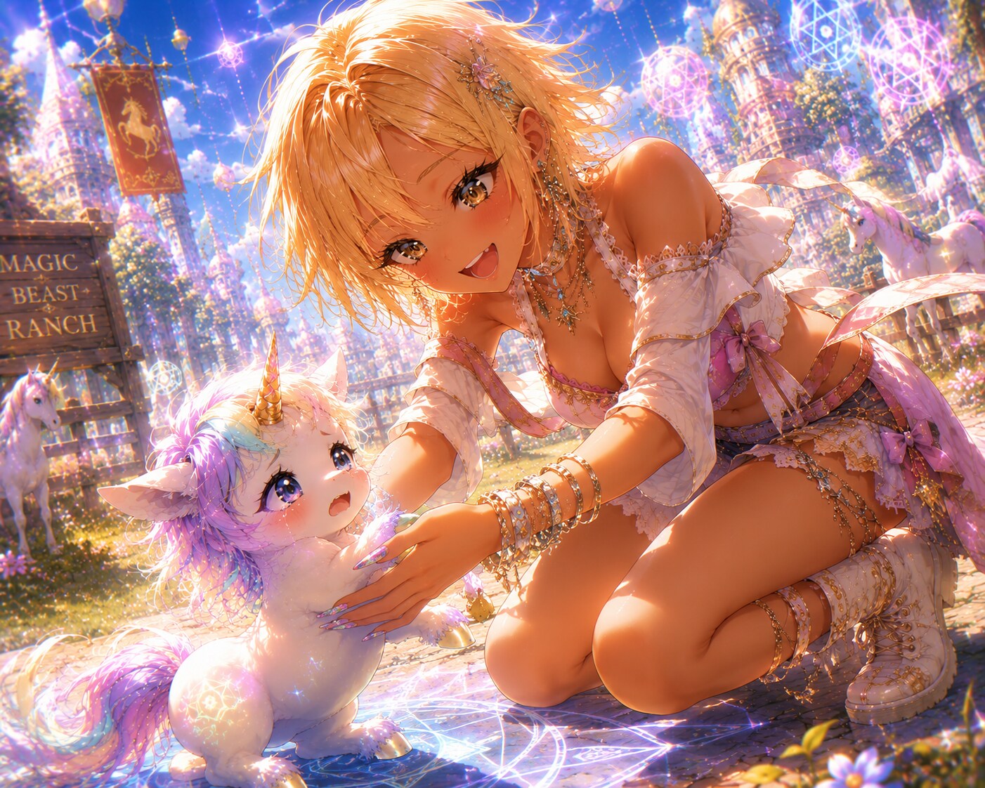 金髪ギャル　魔獣牧場でプチユニコーンを励ますVer.chatGPT