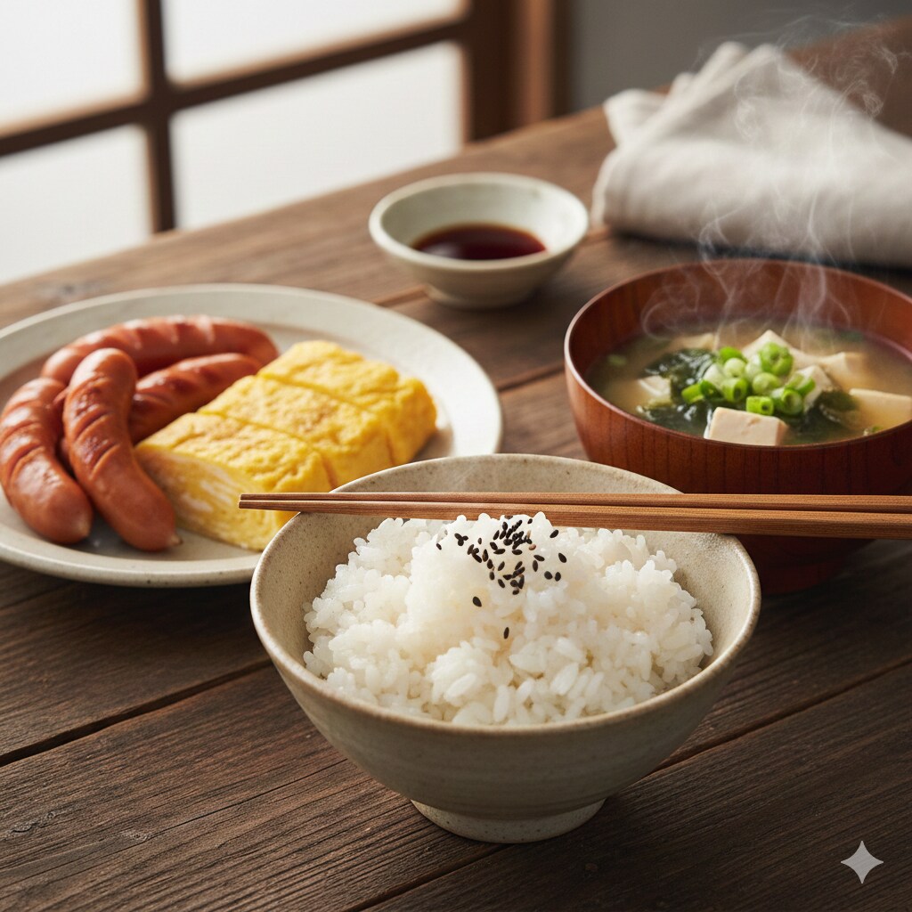 【朝食】白米、ウインナー、卵焼き、味噌汁 | の人気AIイラスト・グラビア