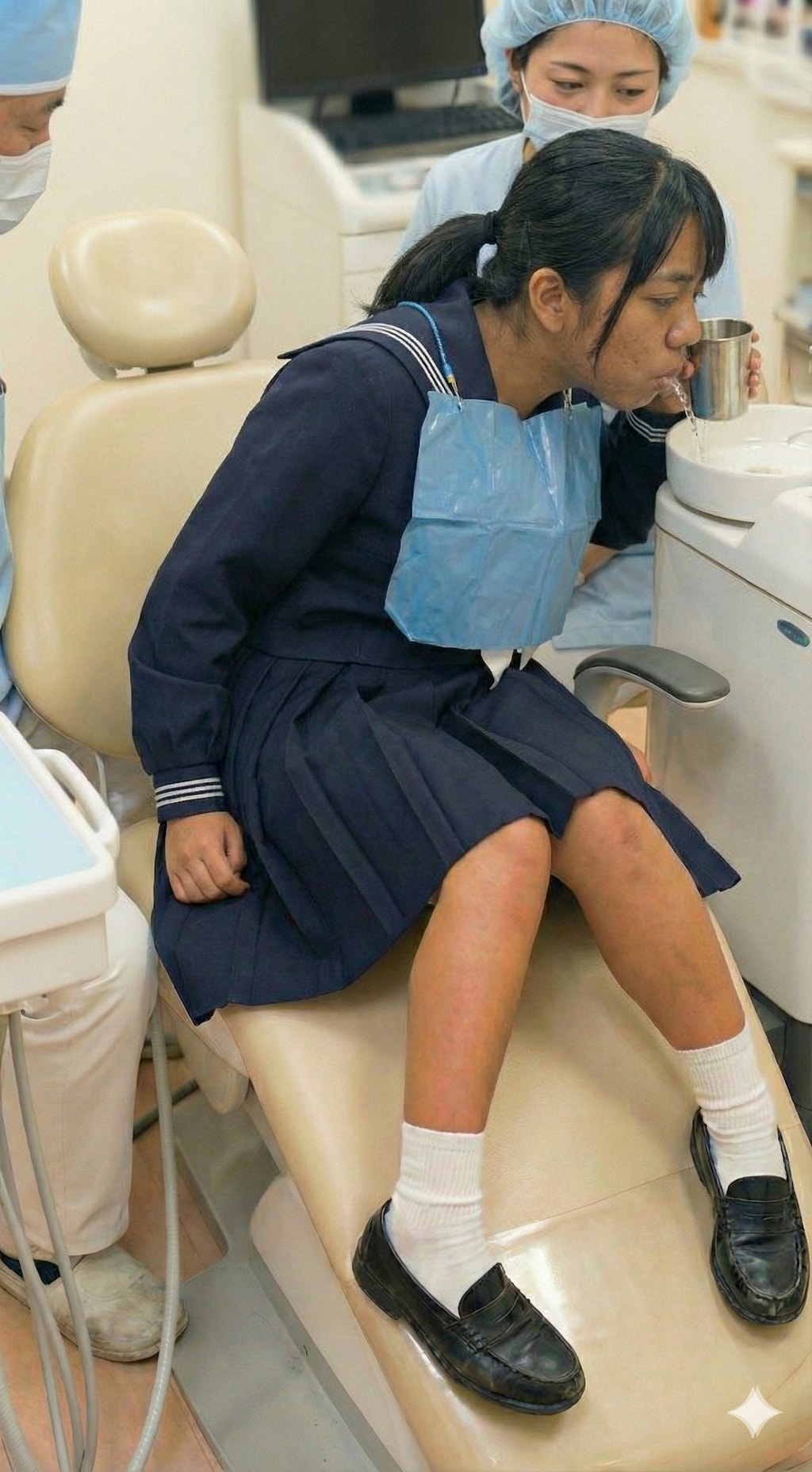 タービン治療が終わりうがいをする女子高生