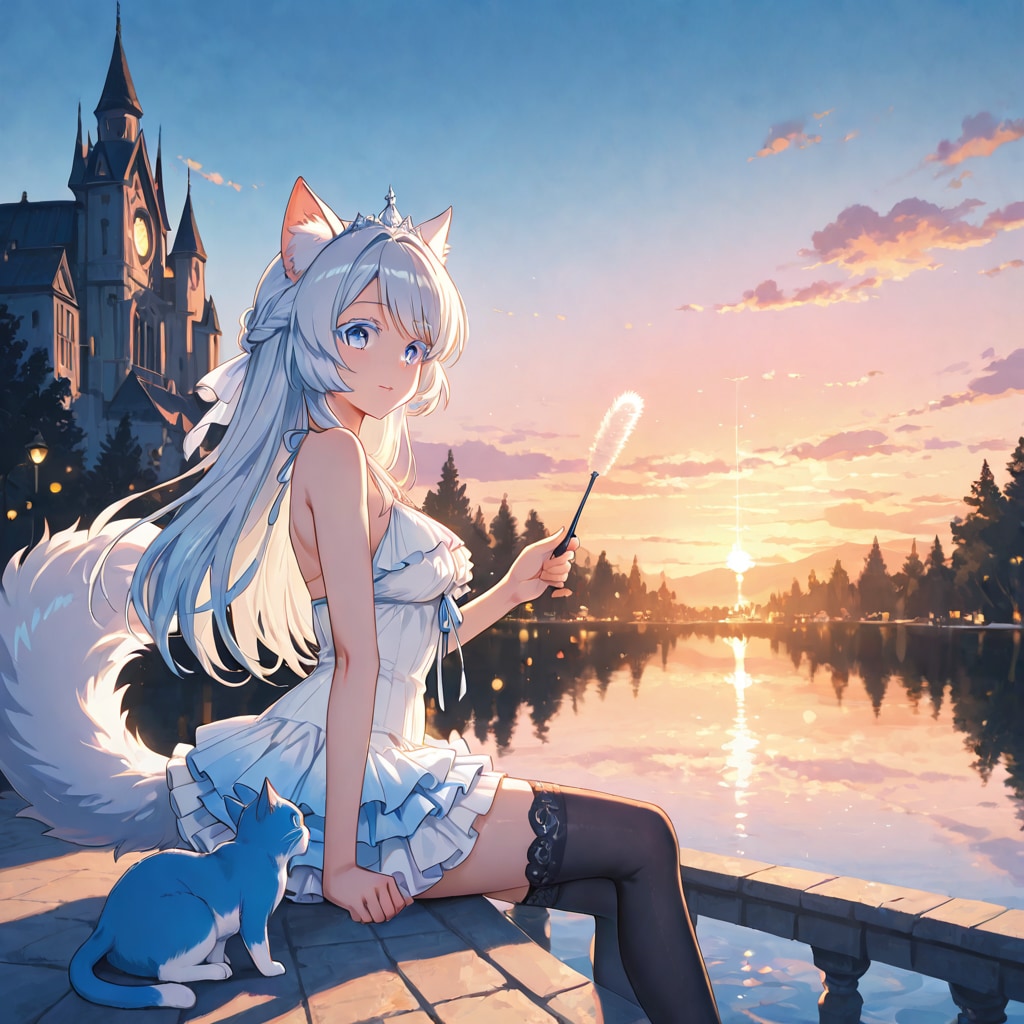 猫と戯れる猫耳のお姫様