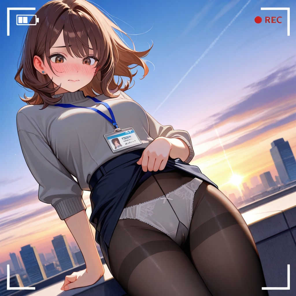屋上で撮影されるOLさん