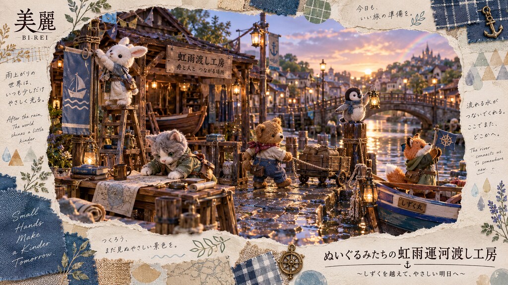 The little plush ferry workshop, busy preparing boats for travelers along the rainbow canal at dusk.