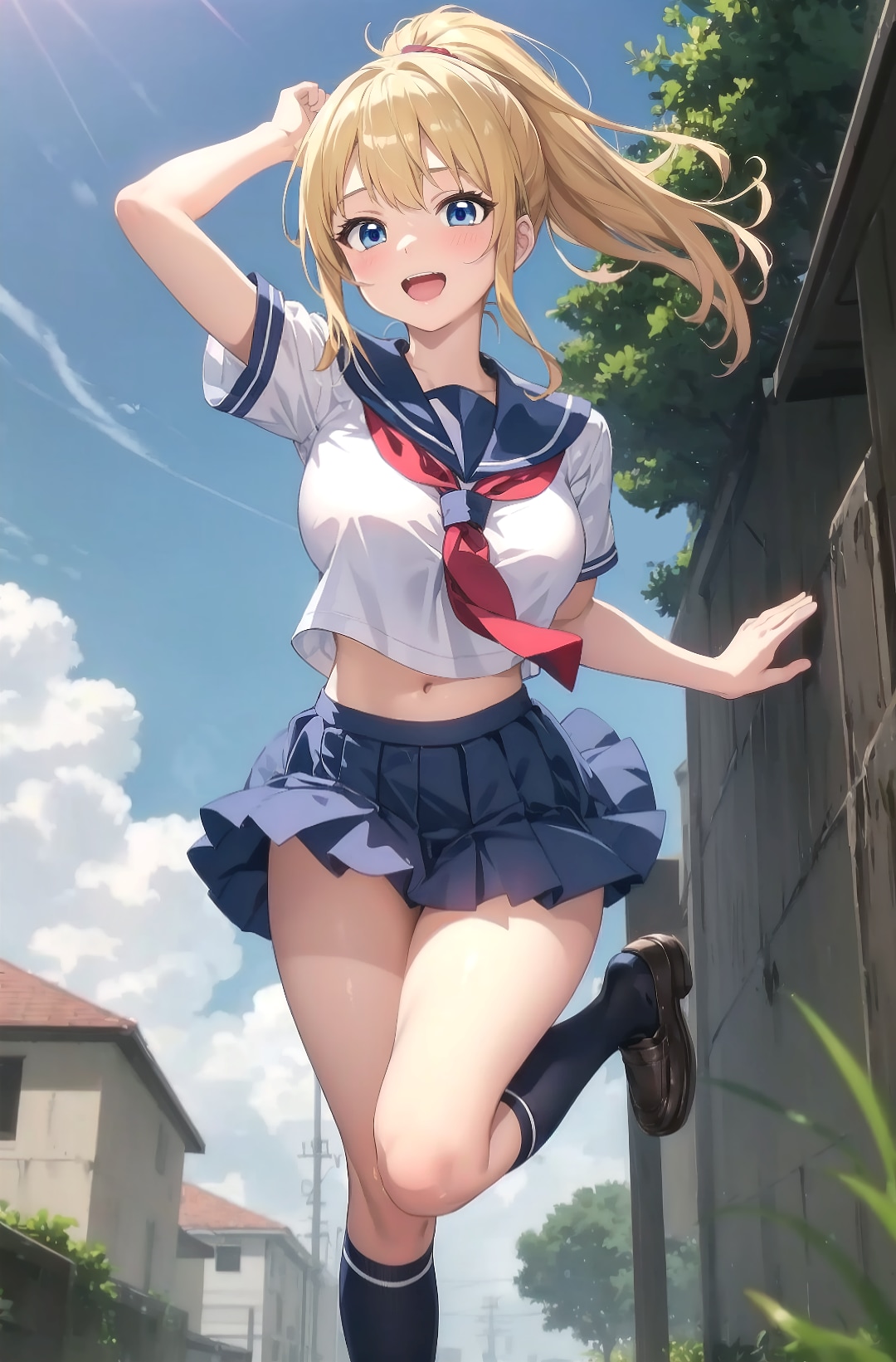 金髪セーラー服ギャルJKと路地裏の青い空、夏