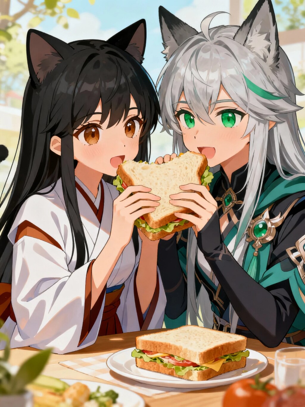 お昼のサンドウィッチを食べるさくらちゃんとステラちゃん