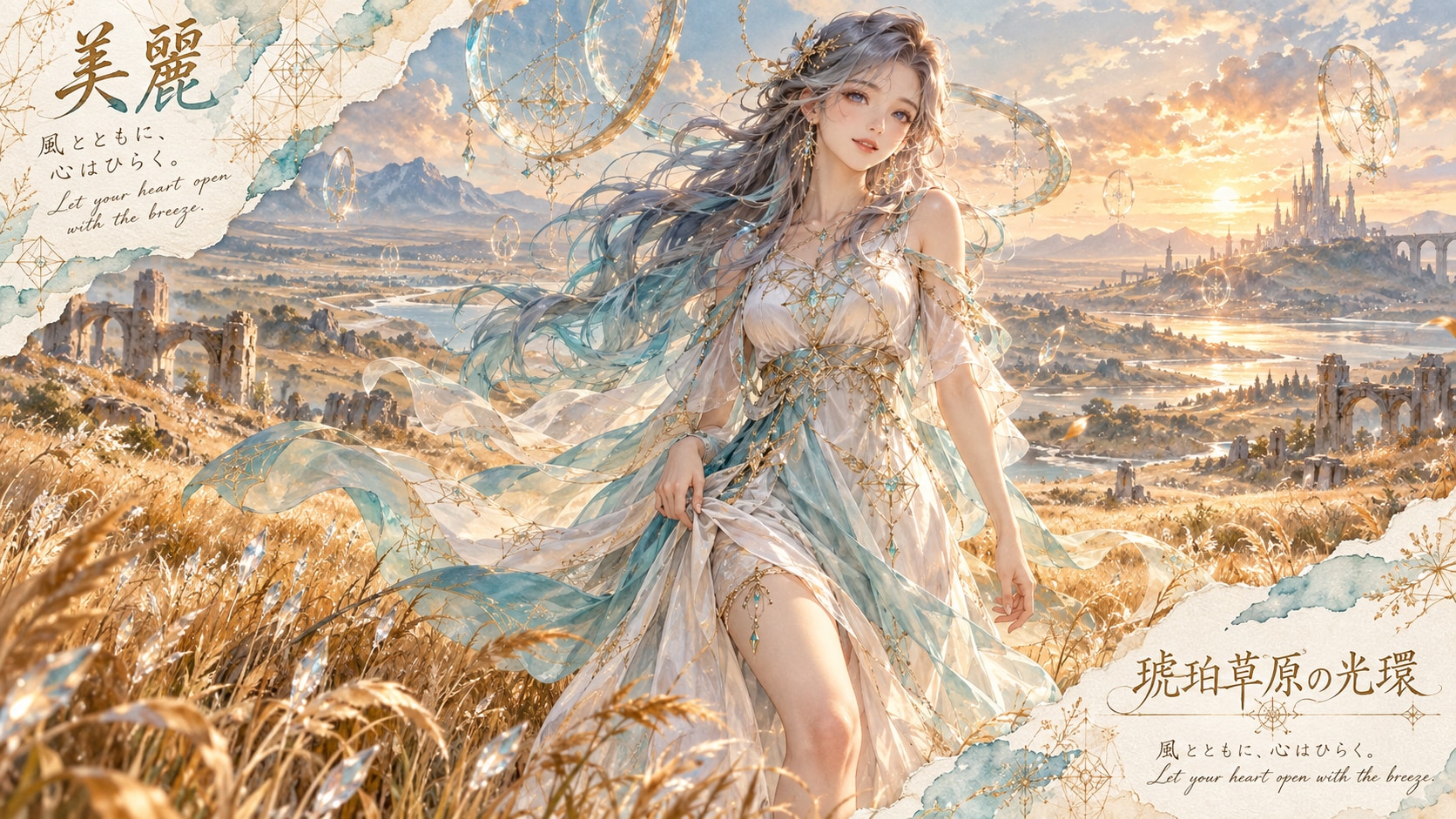 Walking through the Halo of the Amber Plains, golden grass streaming beneath a sunset city of spires | の人気AIイラスト・グラビア