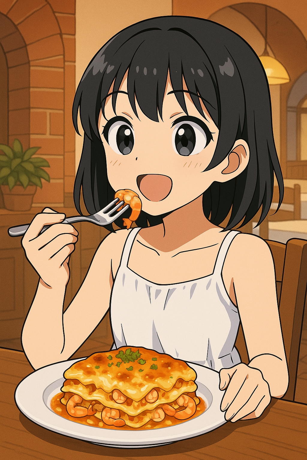 ラザニアを食べている女の子