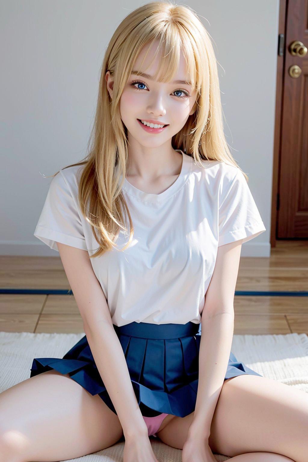 AIイラスト白ギャル貧乳ロリ顔　エロ画像　18歳女子校生海外コスプレイヤー　「お父さんのエッチな一面を見せてくれると、いつもエロい気持ちになるよ！」