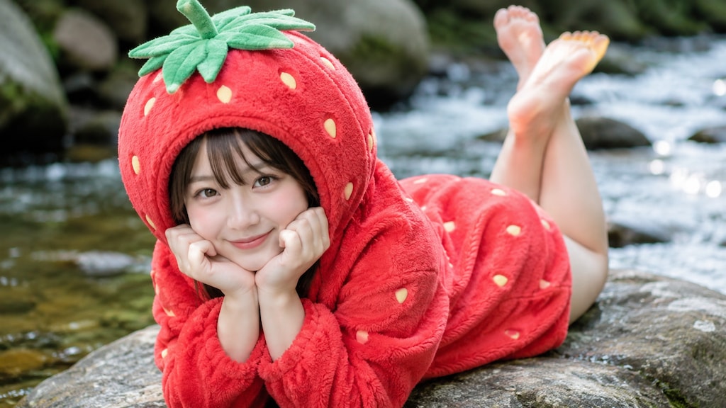 1人の若く美しい成人女性が苺の着ぐるみを着て川の岩の上でうつ伏せになっている姿