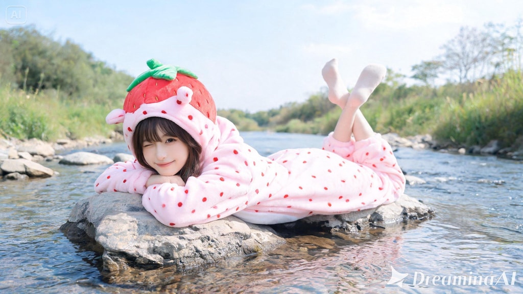 1人の若く美しい成人女性が苺の着ぐるみを着て川の岩の上でうつ伏せになっている姿