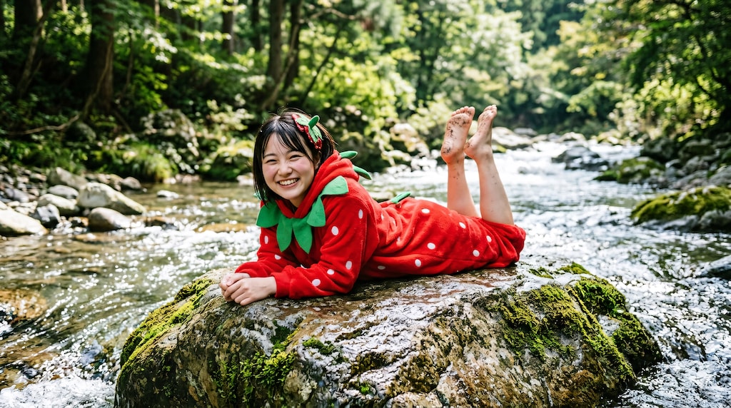 1人の若く美しい成人女性が苺の着ぐるみを着て川の岩の上でうつ伏せになっている姿
