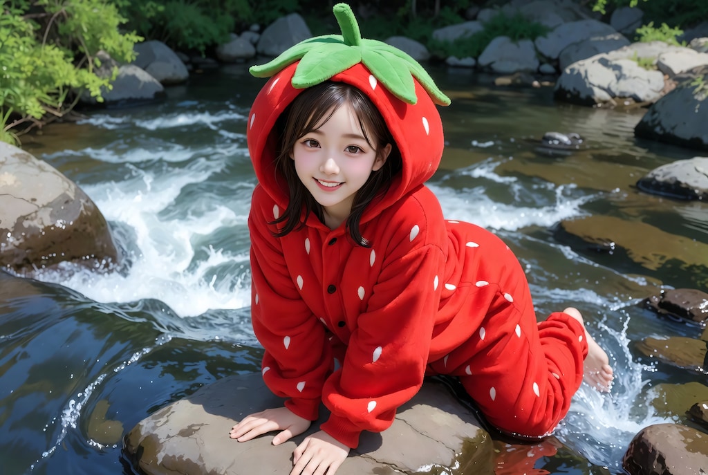 1人の若く美しい成人女性が苺の着ぐるみを着て川の岩の上でうつ伏せになっている姿