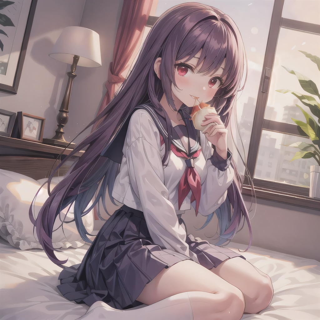 茶髪ロングで寝室の少女