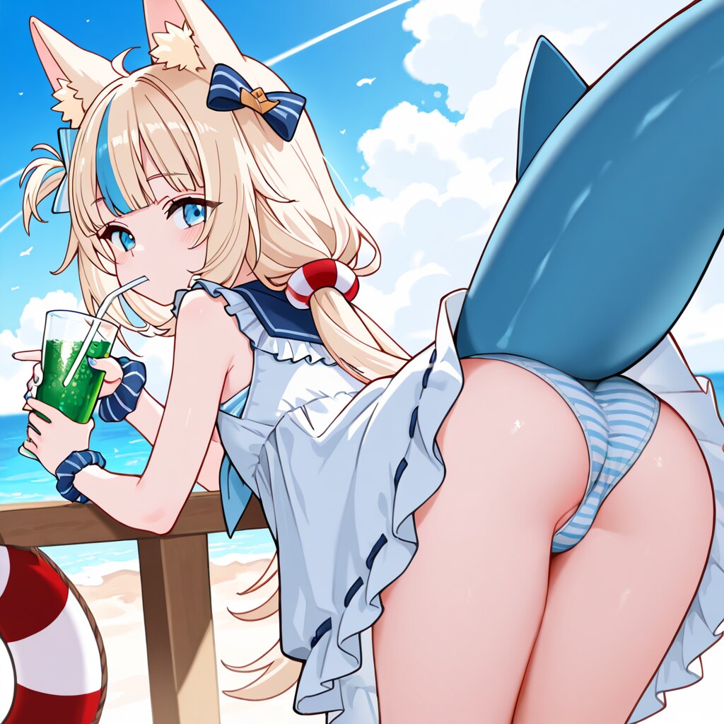 Sameko Sabaがメロンソーダを飲みながら前屈みパンチラ
